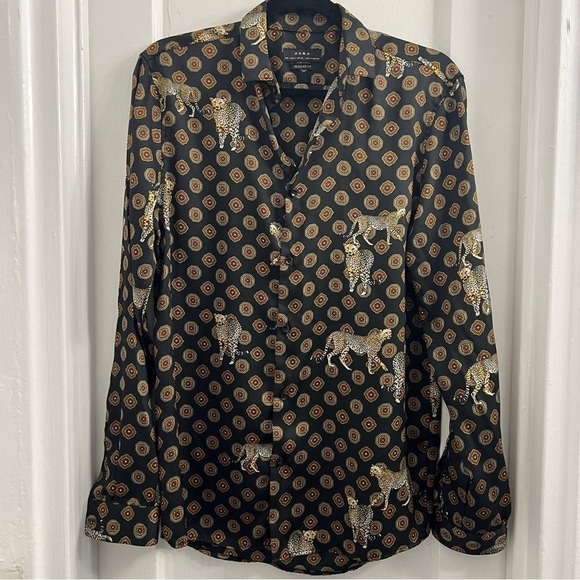 Zara Leopard Cheetah Long Sleeveve Silky Blouse Shirt, Black Small - Picture 1 of 3